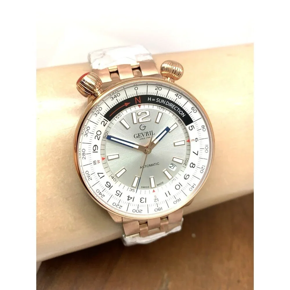 Gevril Men's Watch 48564 Swiss Automatic Wallabout Solar Compass Rose Gold 44mm
